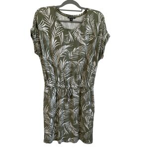 Hilary Radley Dress Palm Print Drawstring Waist Casual Green‎ Medium Tropical